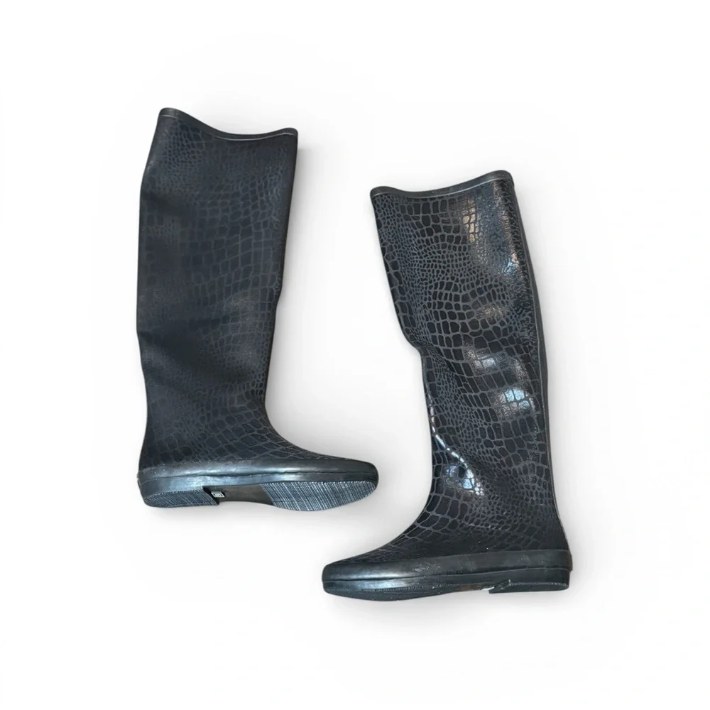 Henry Ferrera Black Knee High Croc-Embossed Winter Boots Size 6 Rain Winter